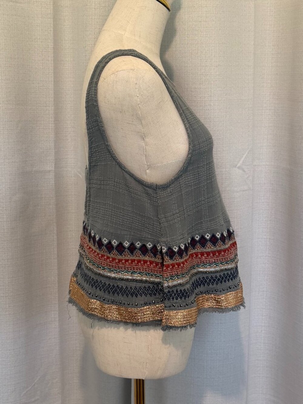 Ecote Boho Embellished Cotton Tank - Green & Gold Festival Top S - Picture 2 of 10